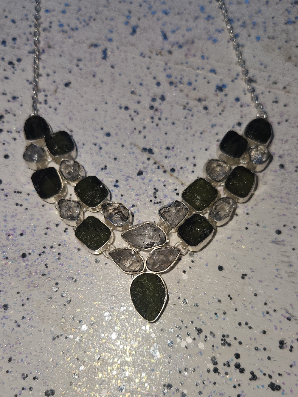 Moldavite Herkimer Diamond Sterling Silver Statement Necklace - Women Jewelry